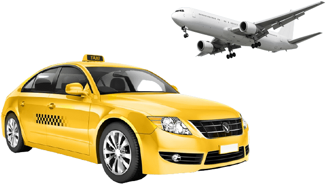 A yellow taxi cab and an airplane in the background.