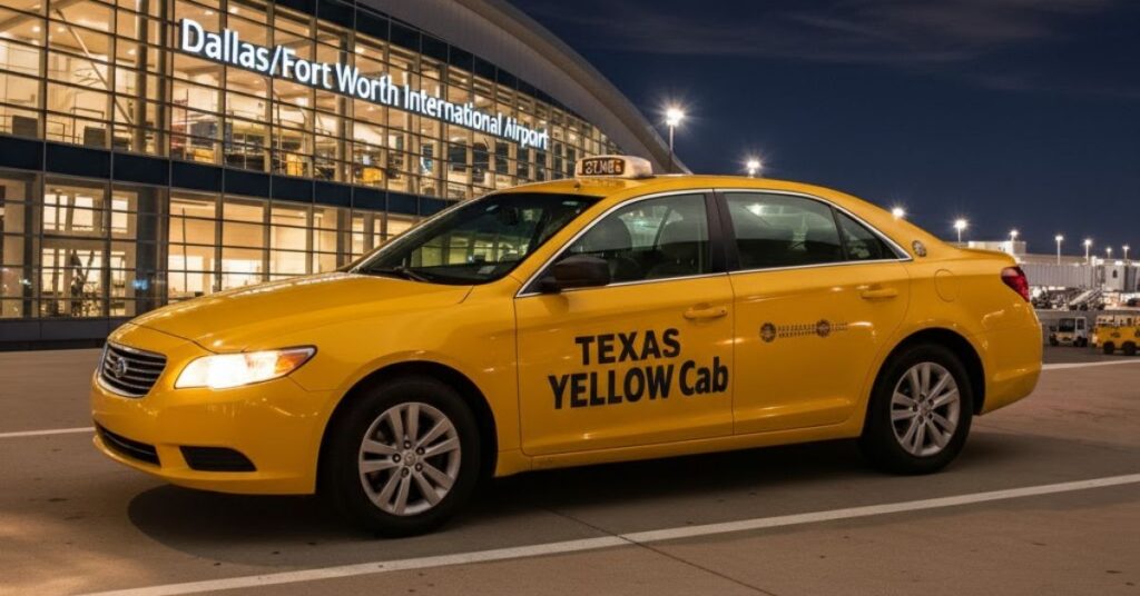 A Big Texas Cabs flat-rate taxi waiting for a passenger at DFW Airport.