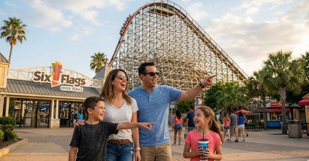 Family visiting Six Flags Over Texas in Arlington for a weekend trip