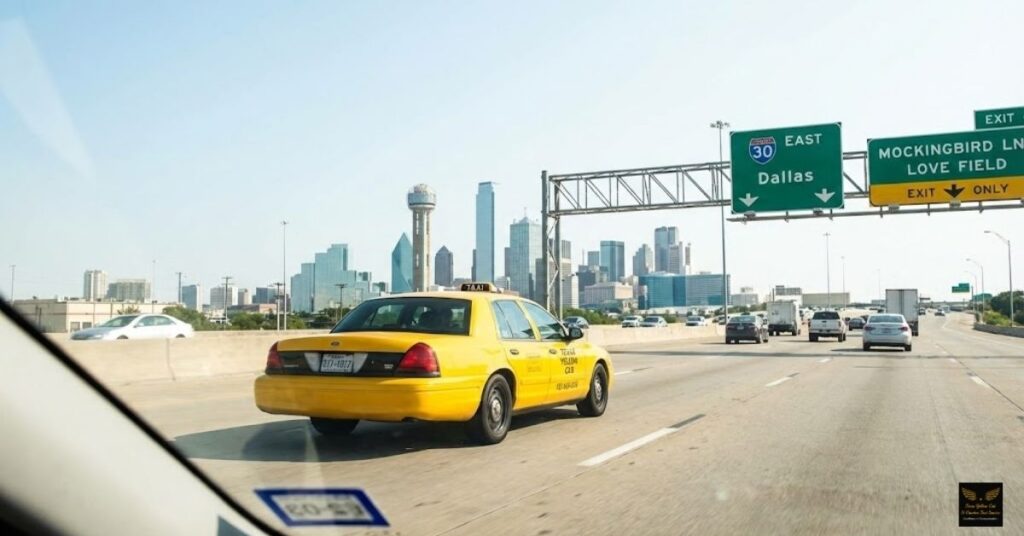 Taxi driving on I-30 East towards Dallas Love Field.