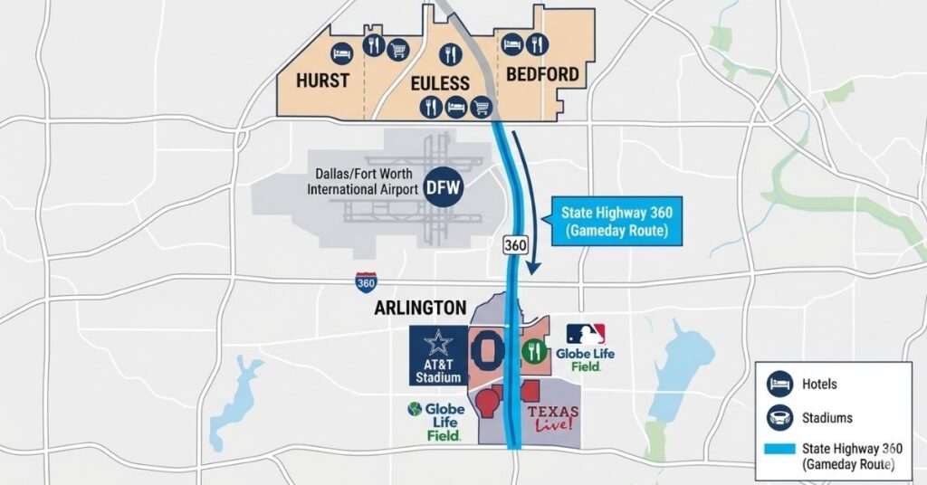 Map showing HEB hotels north of AT&T Stadium and Globe Life Field via Highway 360.