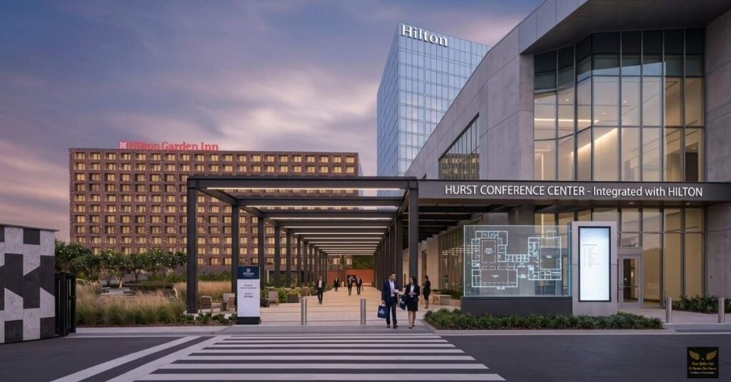 An exterior shot showing a modern Hilton Garden Inn connected to a conference center, emphasizing the walkability.