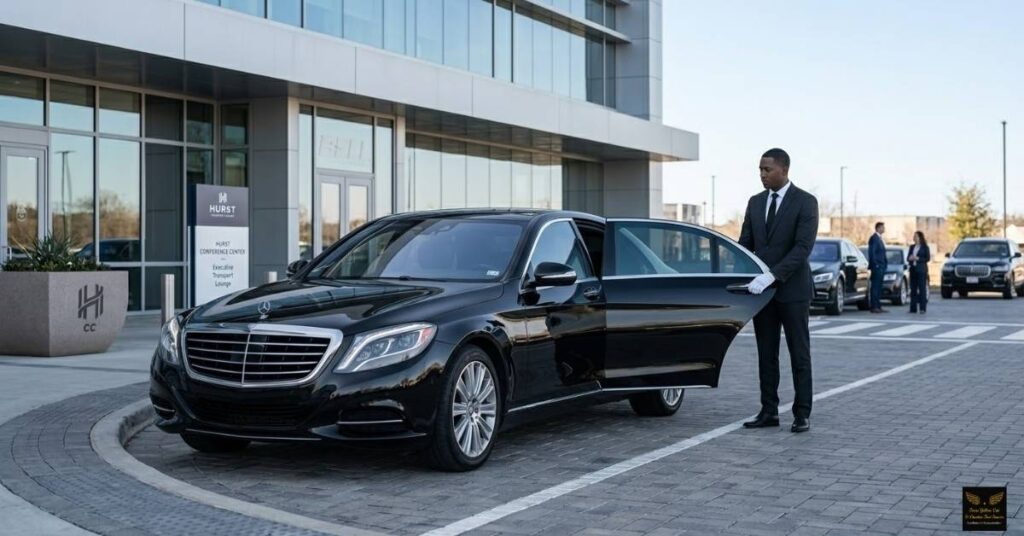 A sleek, immaculate black executive SUV or luxury sedan parked at a curbside with a professional chauffeur holding the door open.