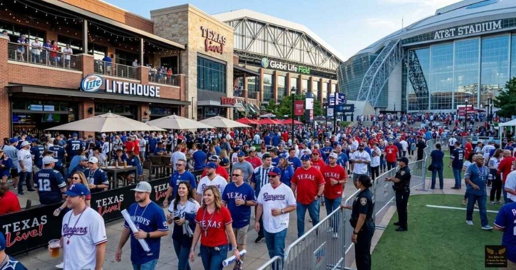  Crowds of sports fans gathering outside Texas Live and Globe Life Field.