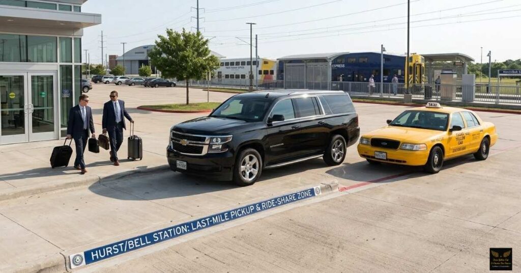 Texas Yellow cab waiting at a train station drop off zone for last mile commuter pickup.