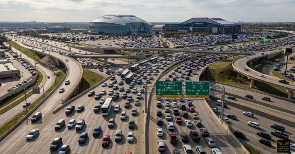 Heavy game day traffic on Highway 360 and I-30 near Arlington.