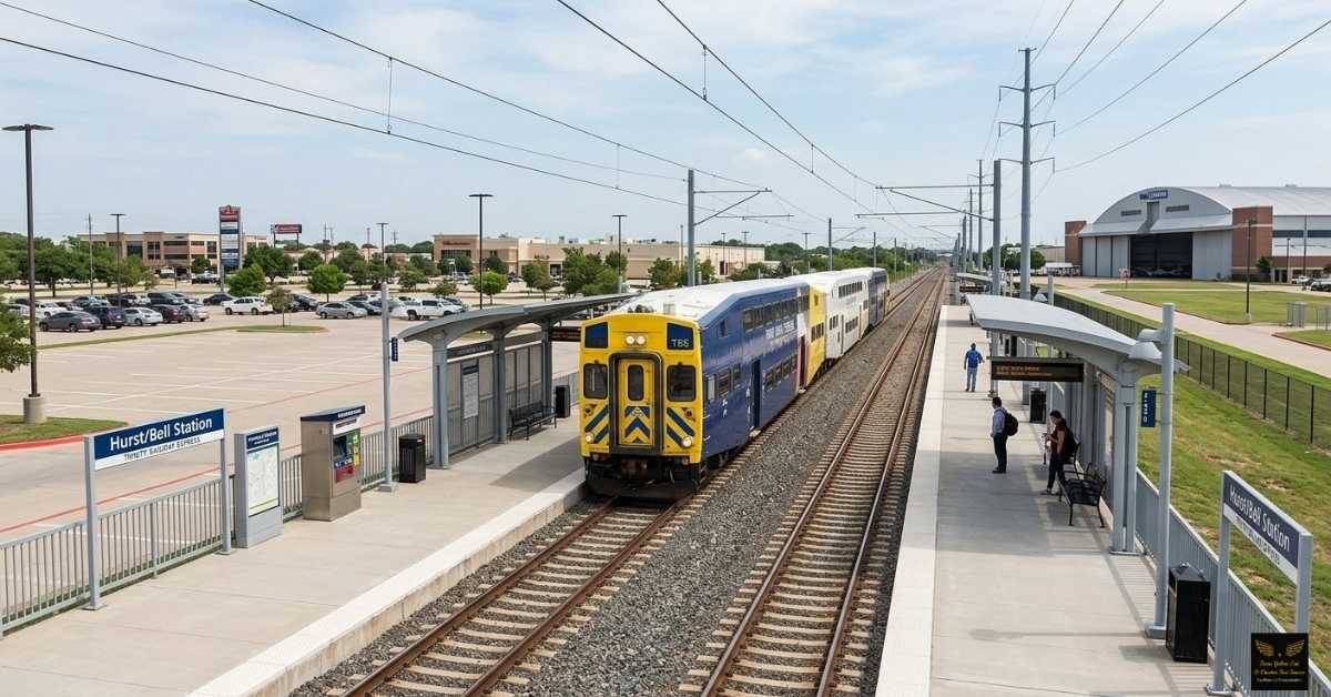Trinity Railway Express TRE commuter train arriving at a Dallas Fort Worth station platform.