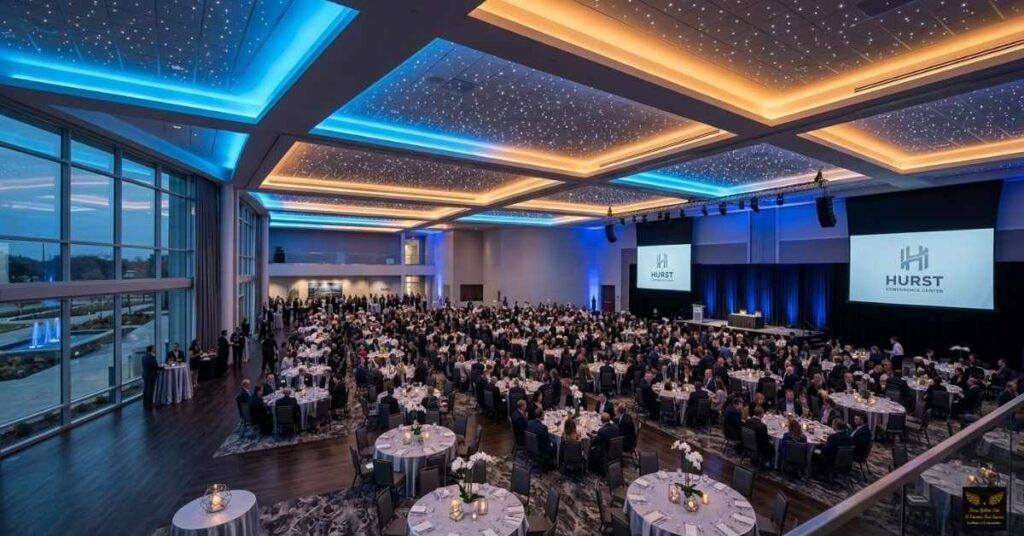 A clean, professional floor plan diagram or a wide shot of an elegant corporate ballroom set up for a large banquet with dramatic lighting.