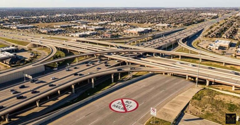 Massive Dallas highway infrastructure demonstrating why street hailing taxis is difficult in Texas