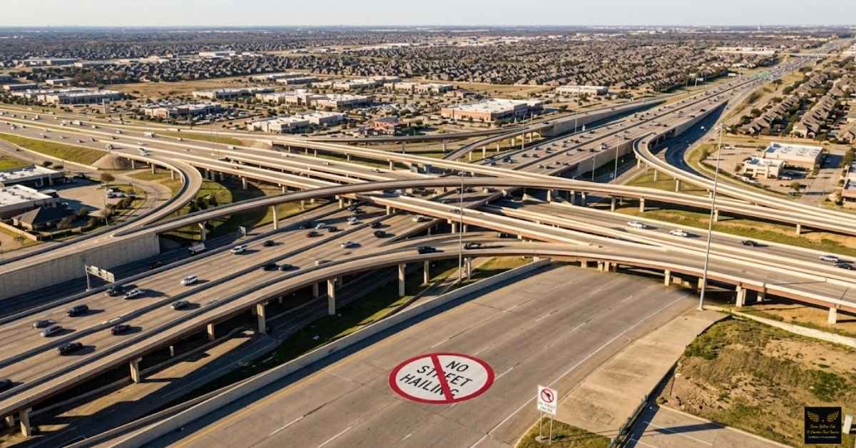 Massive Dallas highway infrastructure demonstrating why street hailing taxis is difficult in Texas