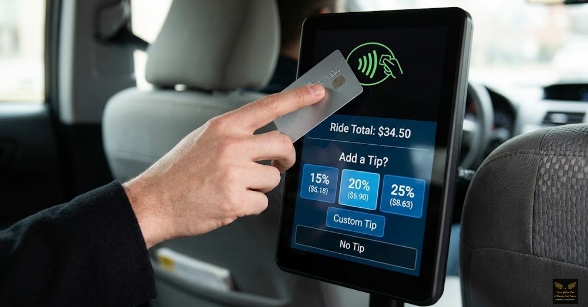 Passenger tipping a taxi driver 20 percent on a modern digital payment screen.