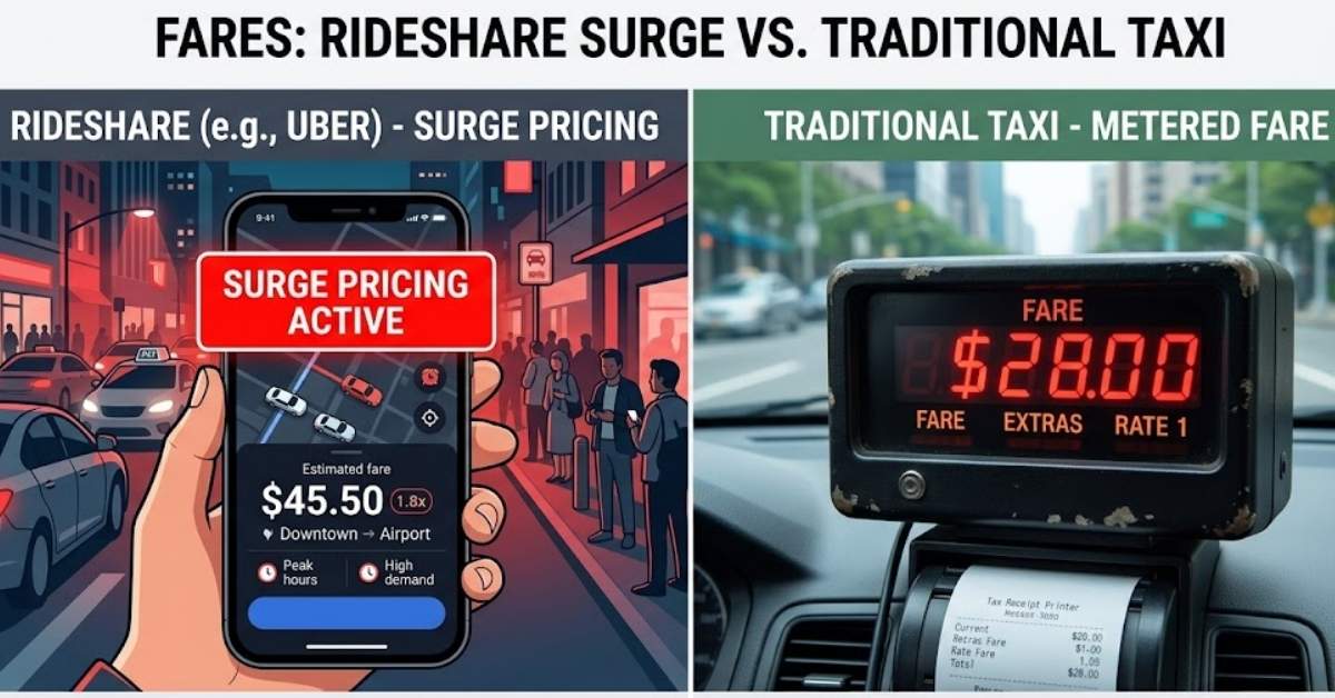 Comparison of rideshare surge pricing on a smartphone versus a traditional regulated taxi meter fare