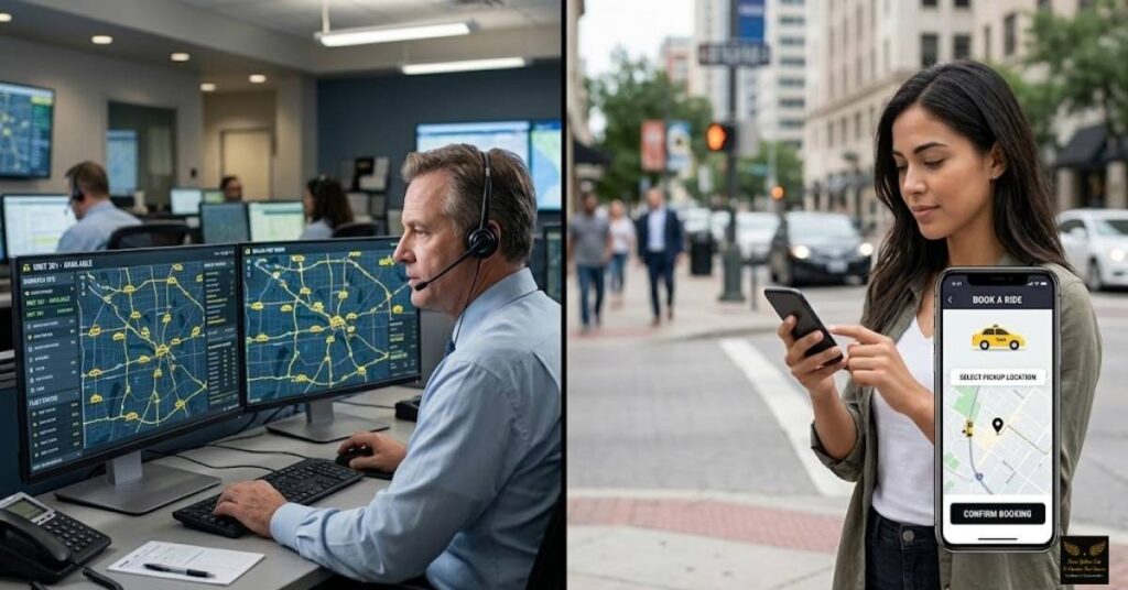 Professional Texas Yellow Cab dispatch center monitoring commercial taxi fleet via GPS