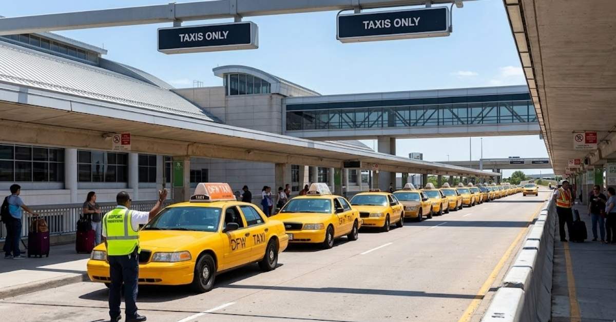 Licensed taxis queuing at the official upper-level designated taxi stand at DFW Airport