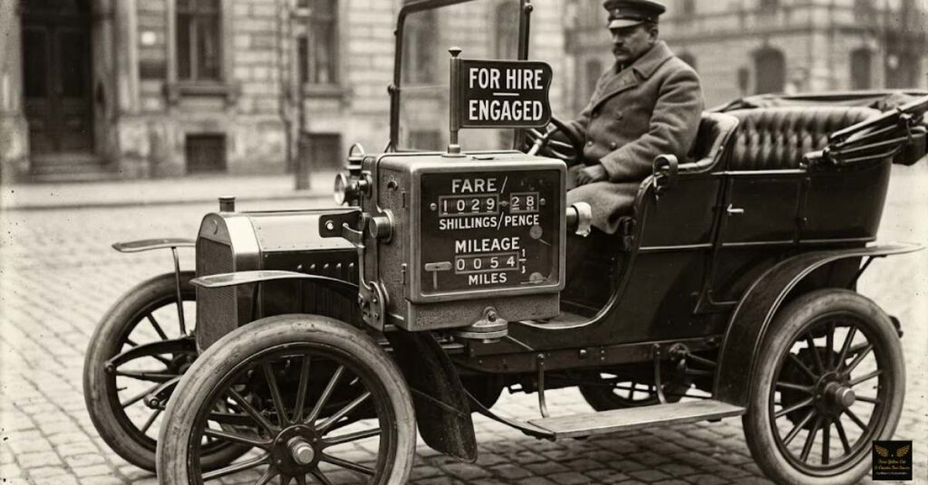 Vintage mechanical taximeter invented by Wilhelm Bruhn in 1891 attached to early automobile