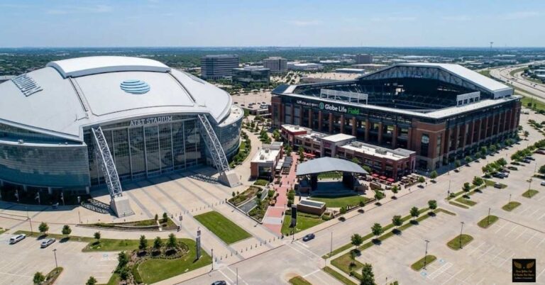 Aerial view showing the short walking distance between AT&T Stadium and Globe Life Field in Arlington Texas