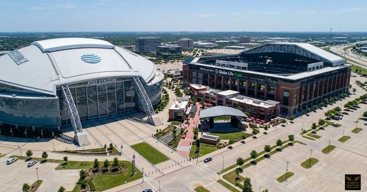 Aerial view showing the short walking distance between AT&T Stadium and Globe Life Field in Arlington Texas