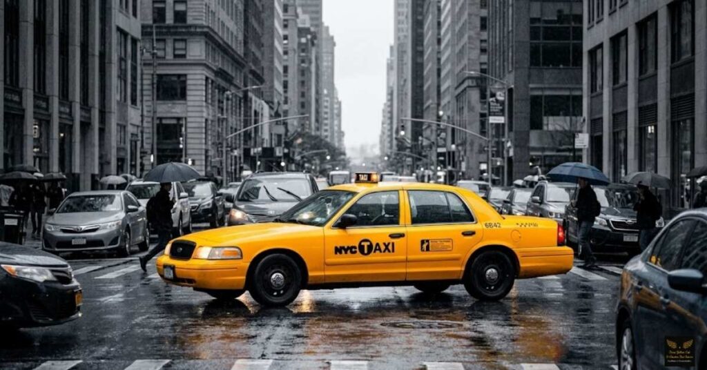 Bright yellow taxi cab standing out in busy city traffic demonstrating visibility
