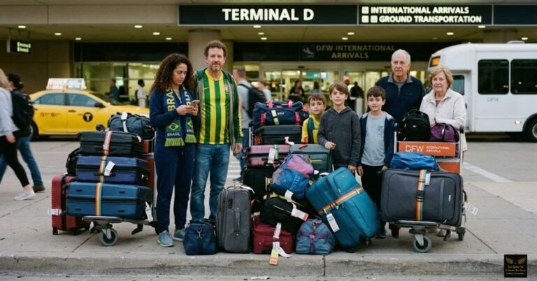 Family of international soccer fans with heavy luggage waiting for airport transportation at DFW