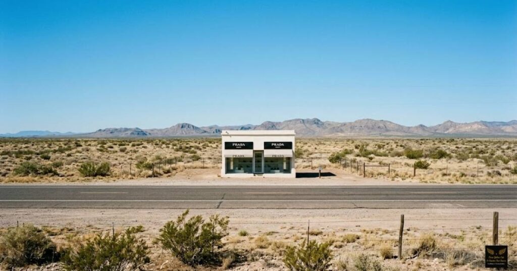 Prada Marfa art installation in the West Texas desert under a clear blue sky