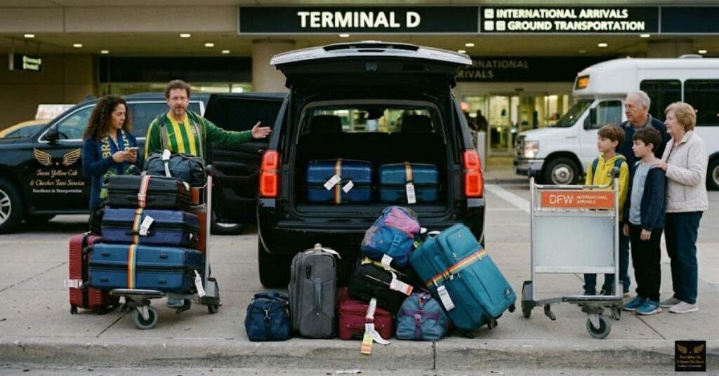 Texas Yellow Cab full size commercial SUV loading heavy luggage for a family airport transfer