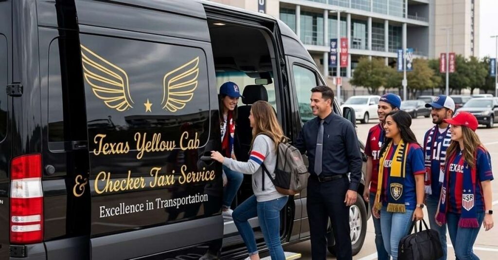 Supporter group boarding a high capacity commercial passenger van for stadium transportation