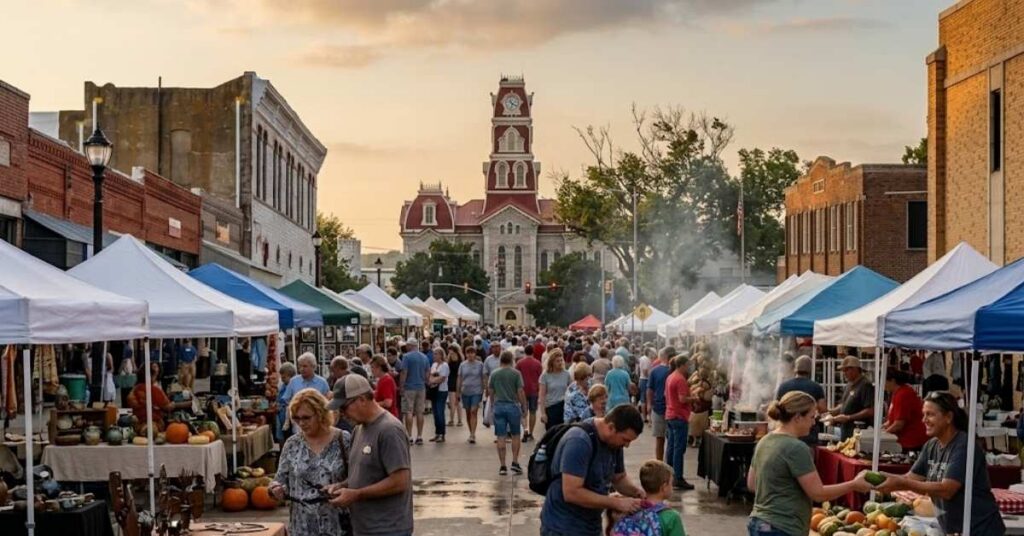 Festival attendees carrying heavy flats of fresh peaches through downtown Weatherford in the July summer heat