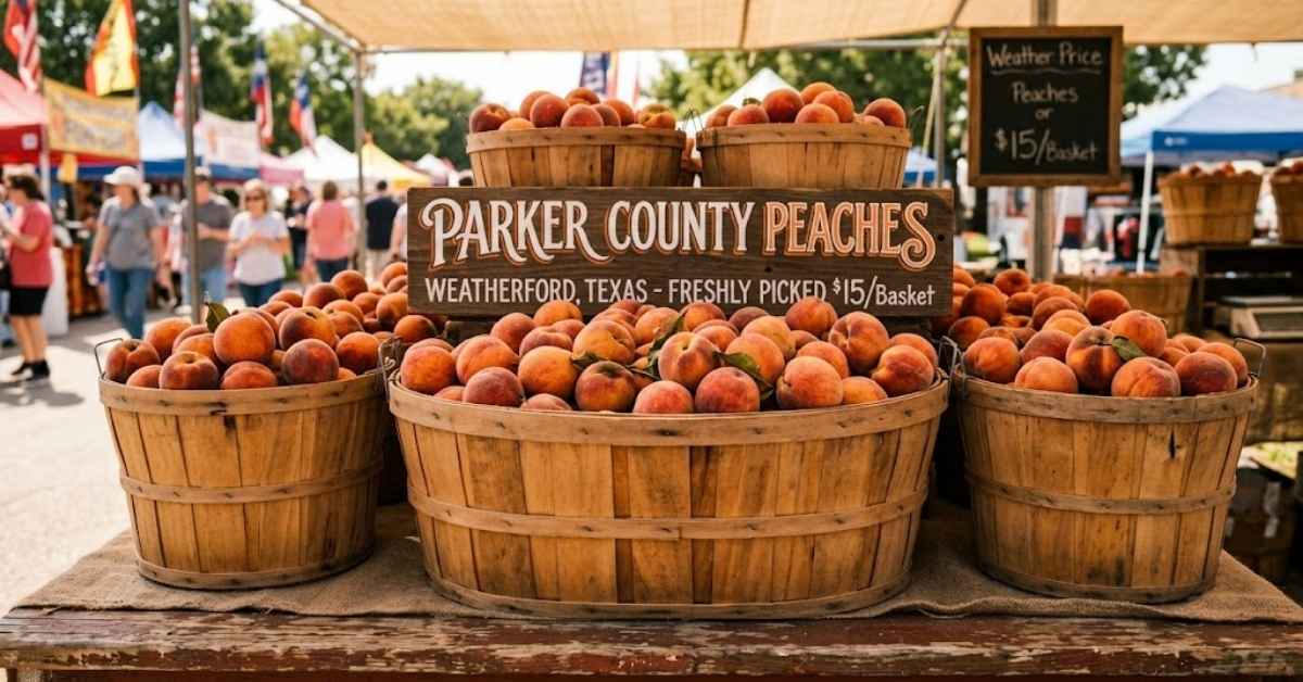 Freshly harvested Parker County peaches for sale at the Weatherford Texas festival booths