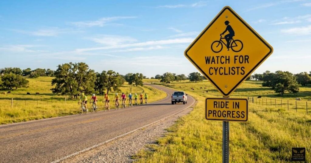 Signs on Parker county farm to market roads warning drivers of cyclists