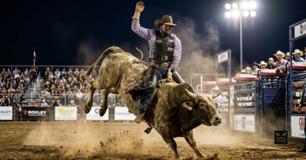 Bull rider competing in the PRCA rodeo arena at the North Texas Fairgrounds in Denton
