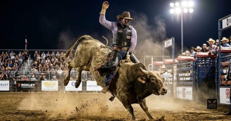 Bull rider competing in the PRCA rodeo arena at the North Texas Fairgrounds in Denton