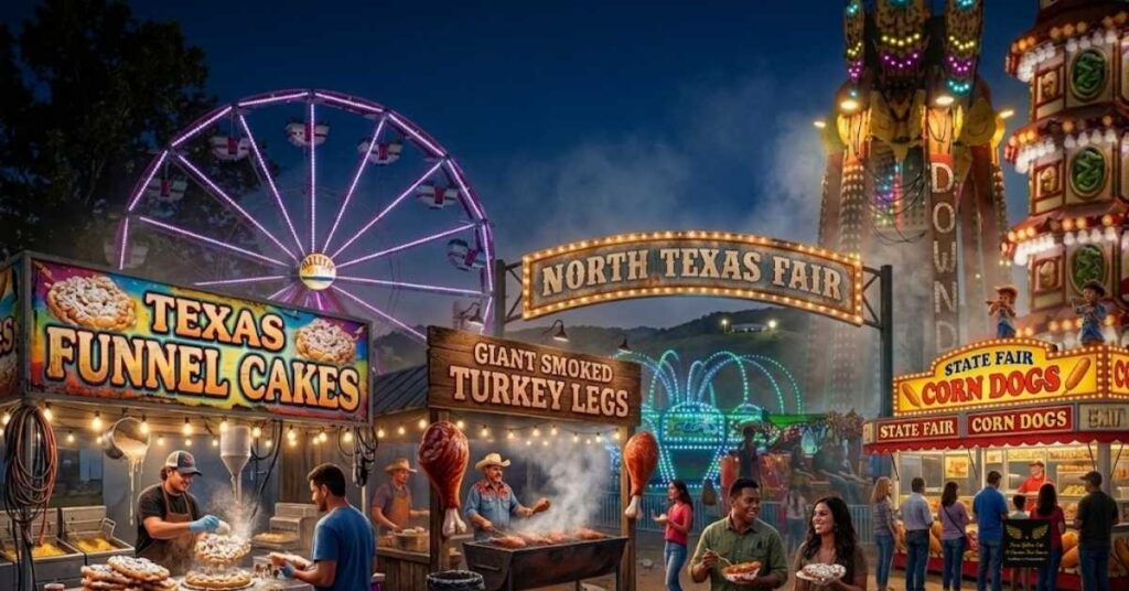 Classic Texas fair food vendors and colorful carnival midway rides at the North Texas Fair