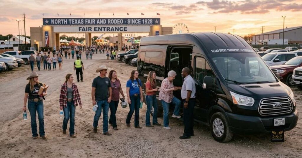 Group boarding a commercial passenger van for safe transportation after the North Texas Fair and Rodeo