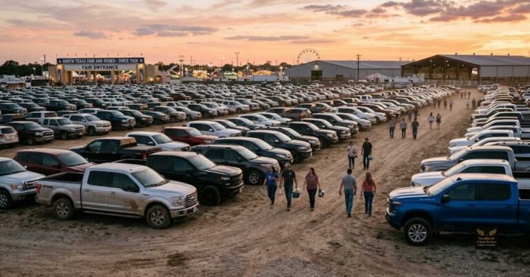 Packed dirt parking lot filled with trucks and cars at the North Texas Fair and Rodeo