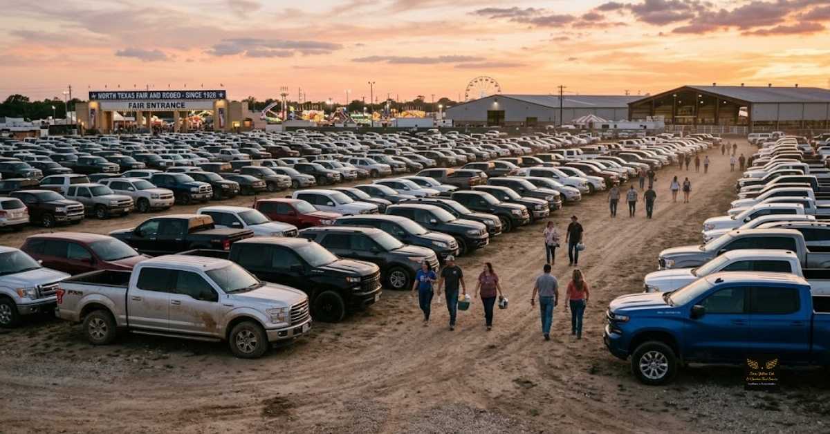 Packed dirt parking lot filled with trucks and cars at the North Texas Fair and Rodeo