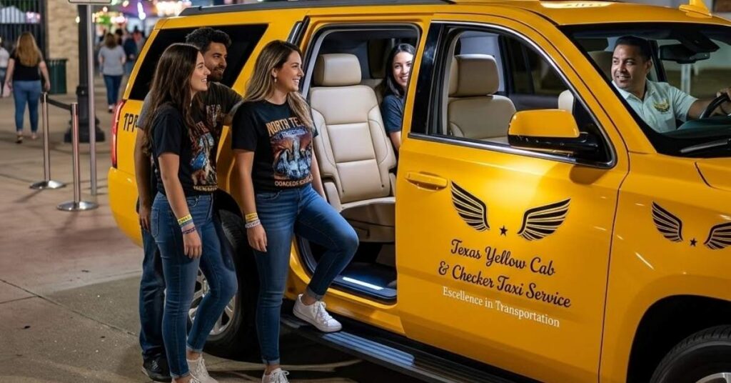  Fairgoers boarding a yellow taxi cab late at night outside the North Texas Fairgrounds